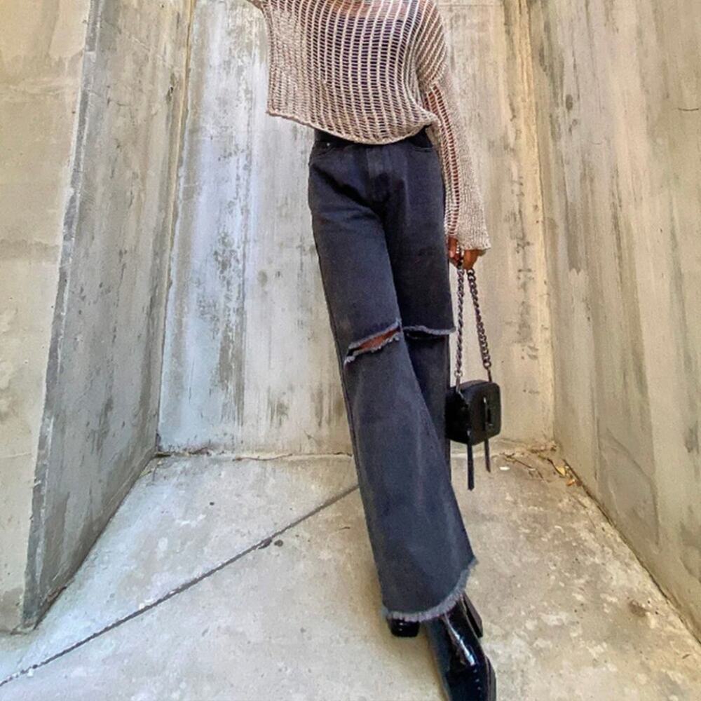PRINCESS POLLY Cece Hammer Wide Leg Distressed Jeans Black 2